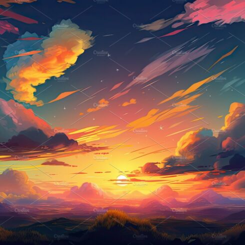 Illustrated sky with clouds, sun, stars, and sunrise or sunset. cover image.