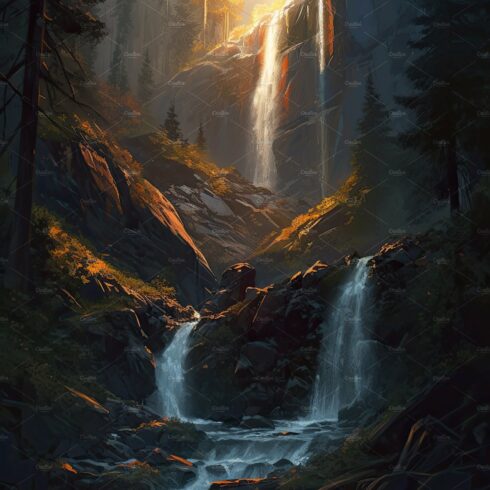 Beautiful vertical landscape with tall mountains, waterfall and a river. Ge... cover image.