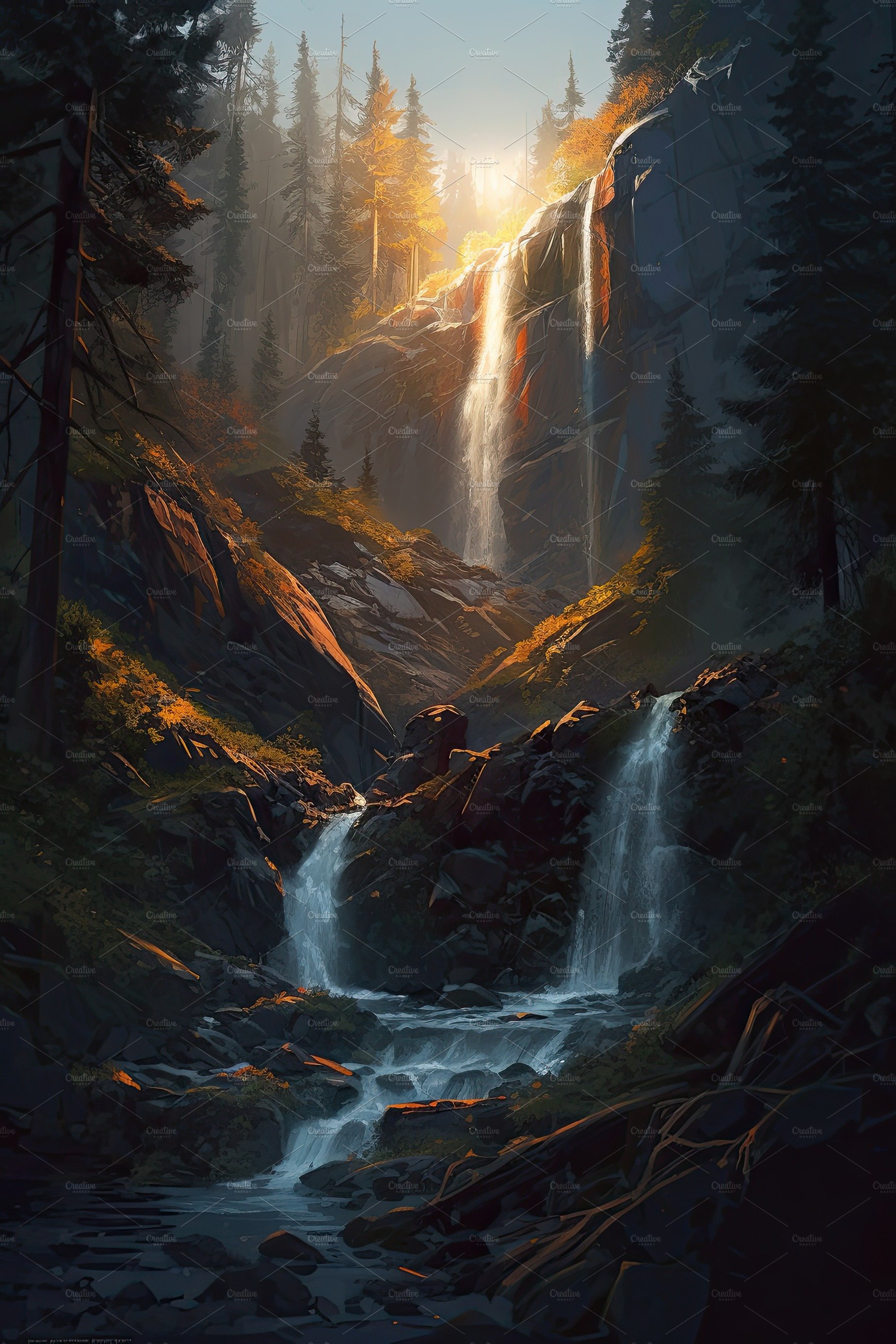 Beautiful vertical landscape with tall mountains, waterfall and a river. Ge... cover image.