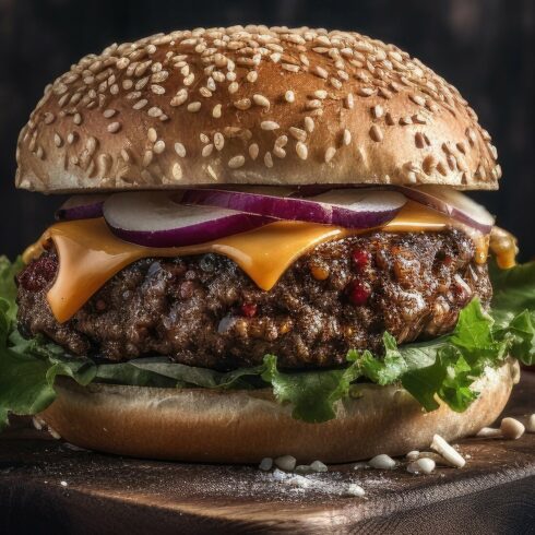 This is a Side view of a Burger with beef and cream cheese Realistic Closeup Photography cover image.