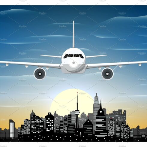 Airplane and city skyline silhouette cover image.