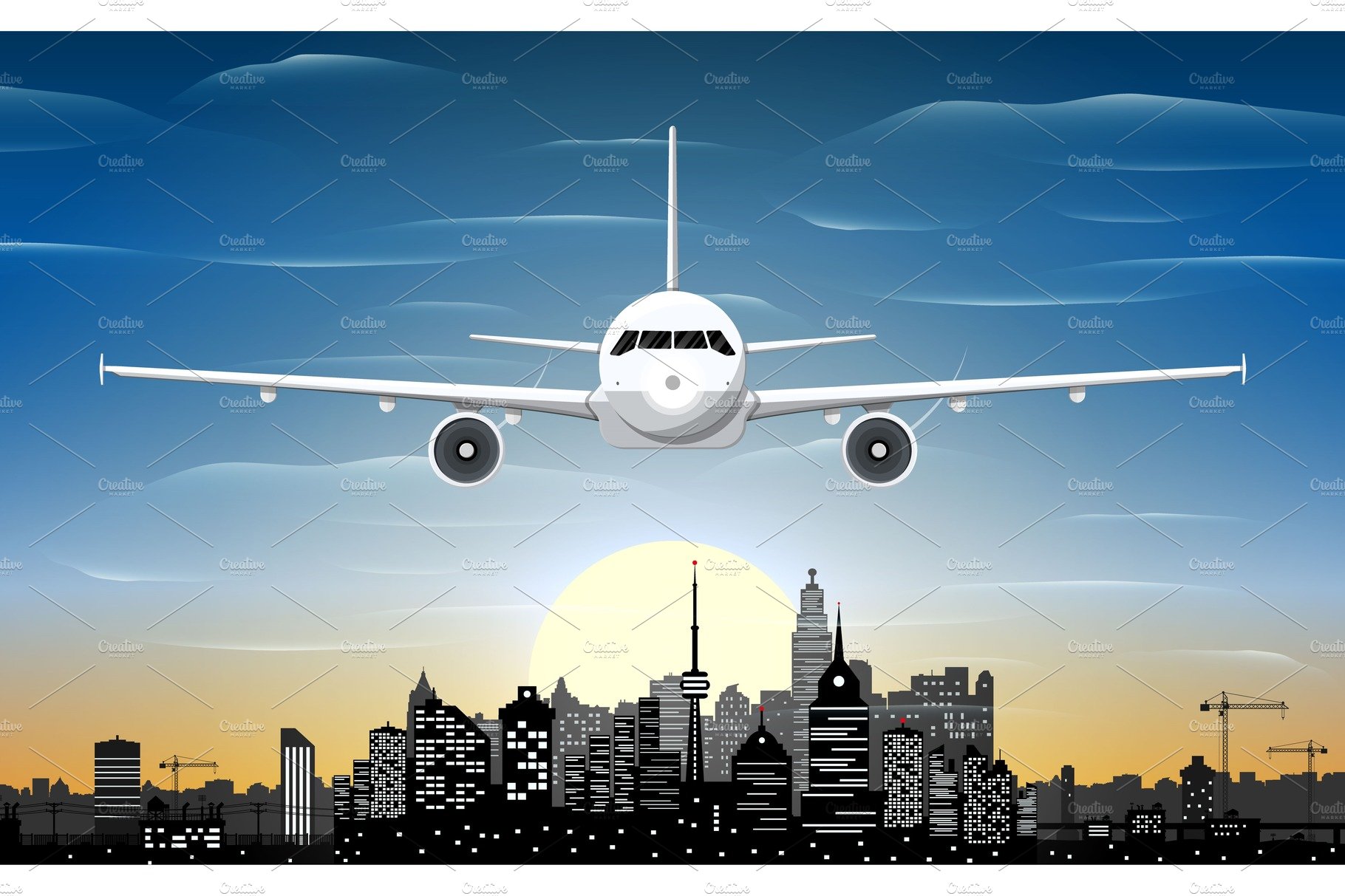 Airplane and city skyline silhouette cover image.