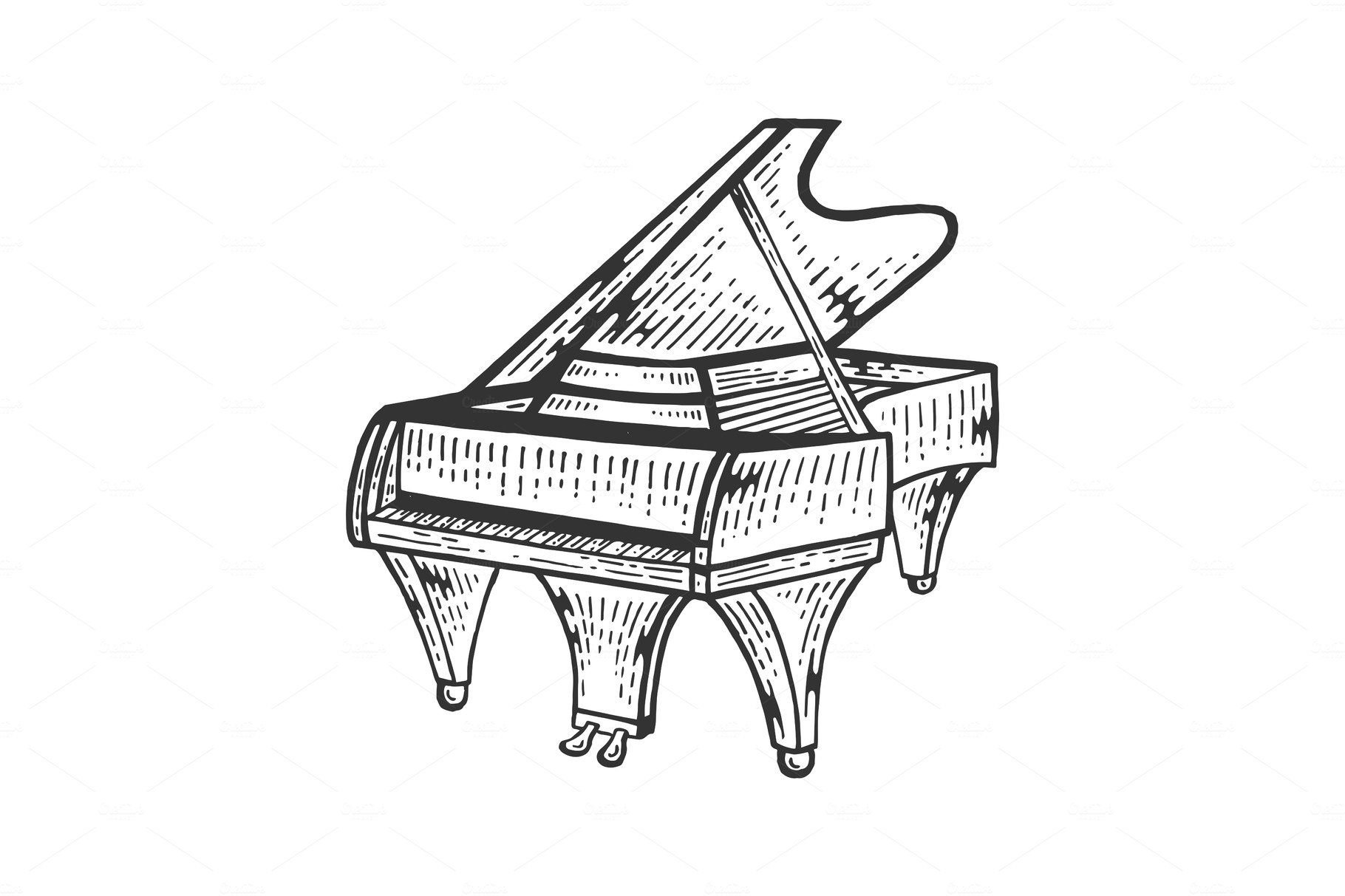 Grand piano sketch engraving vector cover image.