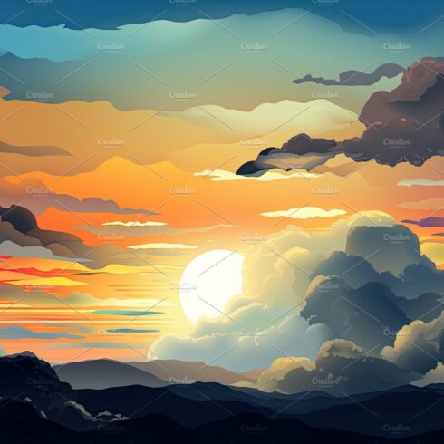 Illustrated sky with clouds, sun, stars, and sunrise or sunset. cover image.