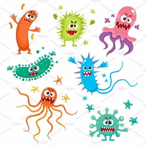 Ugly virus, germ and bacteria characters with human faces cover image.