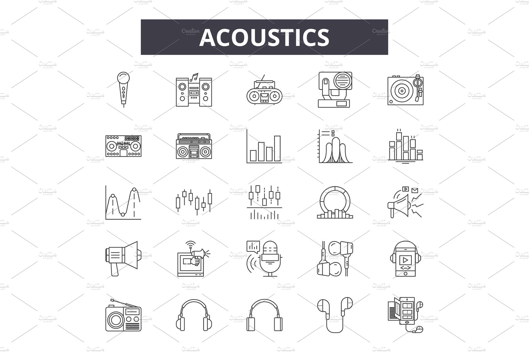 Acoustics line icons, signs set cover image.