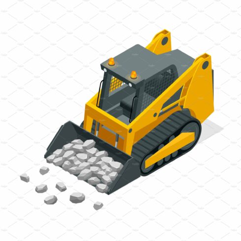 Isometric Compact Excavators. Yellow cover image.