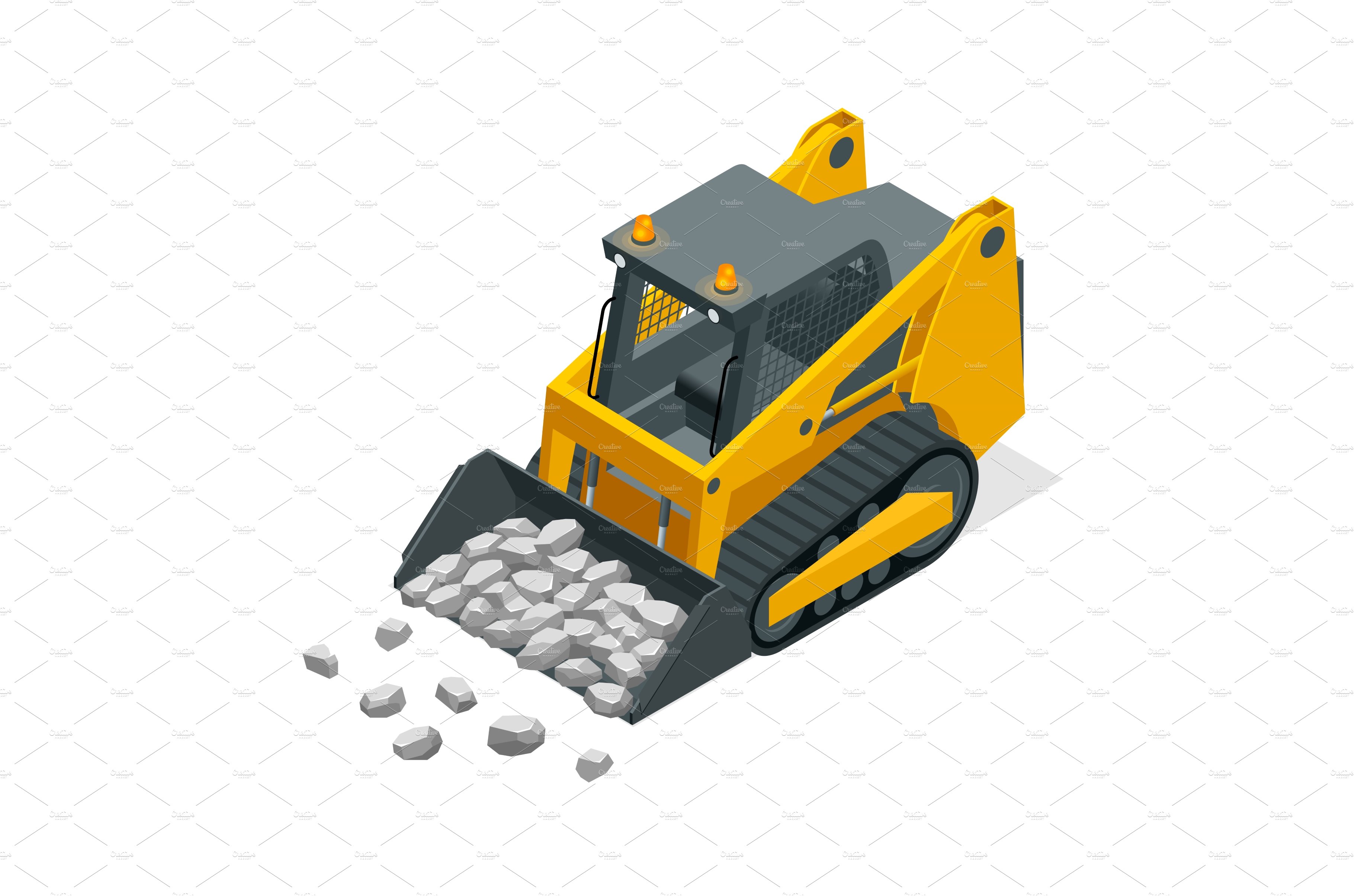 Isometric Compact Excavators. Yellow cover image.