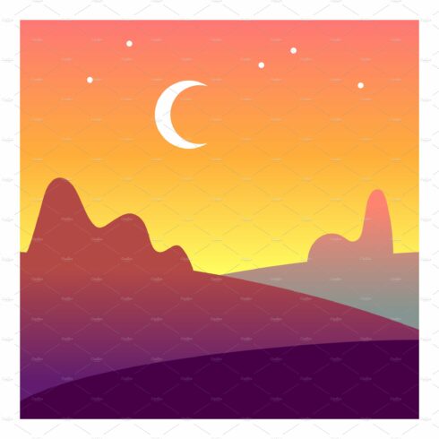 Twilight landscape. Moon crescent in cover image.