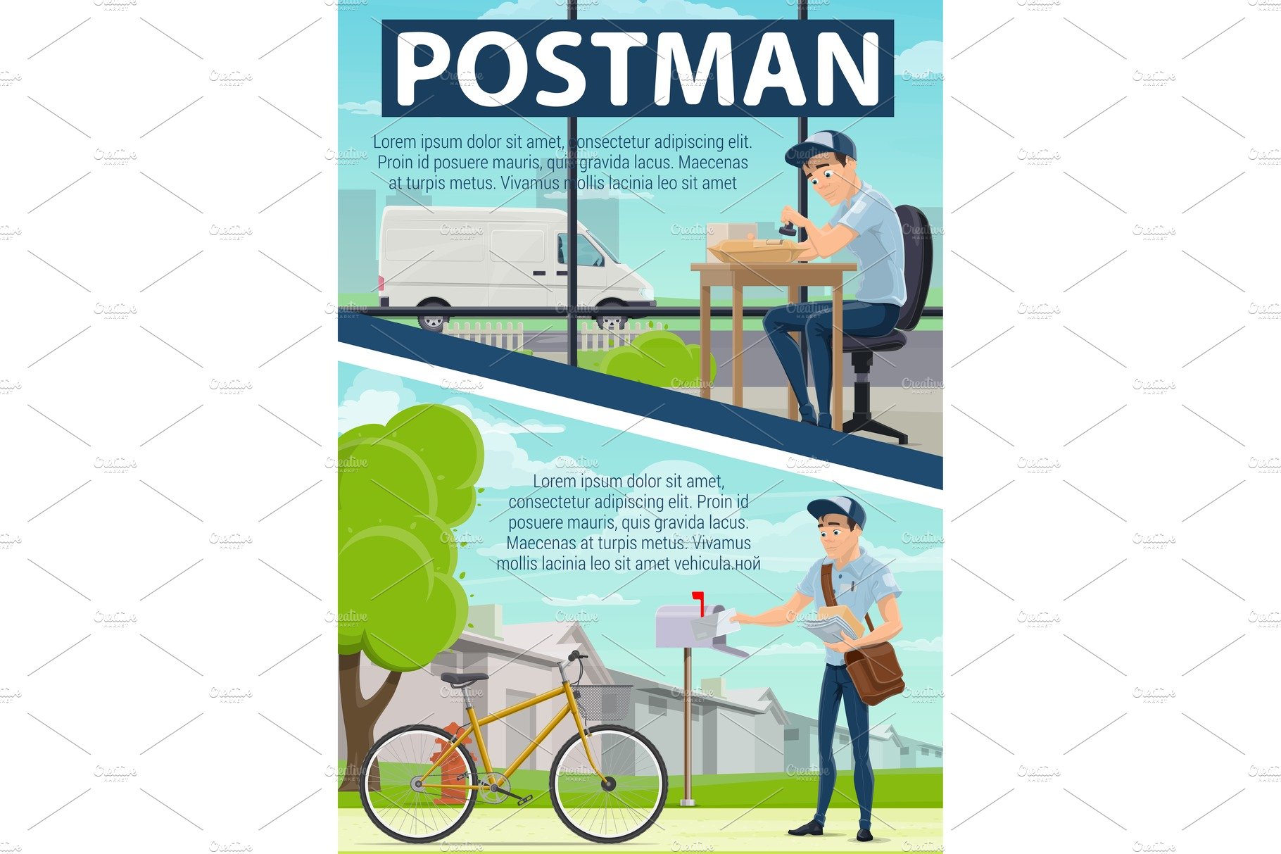 Postman, post office and mail cover image.