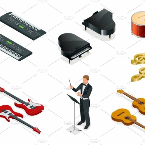 Isometric Musical instruments icons vector realistic set cover image.