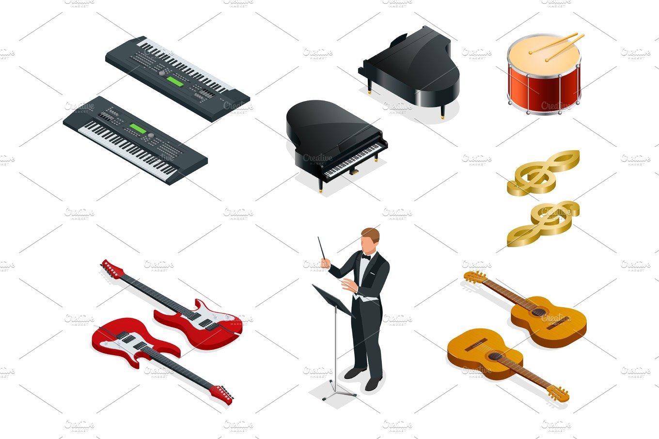 Isometric Musical instruments icons vector realistic set cover image.