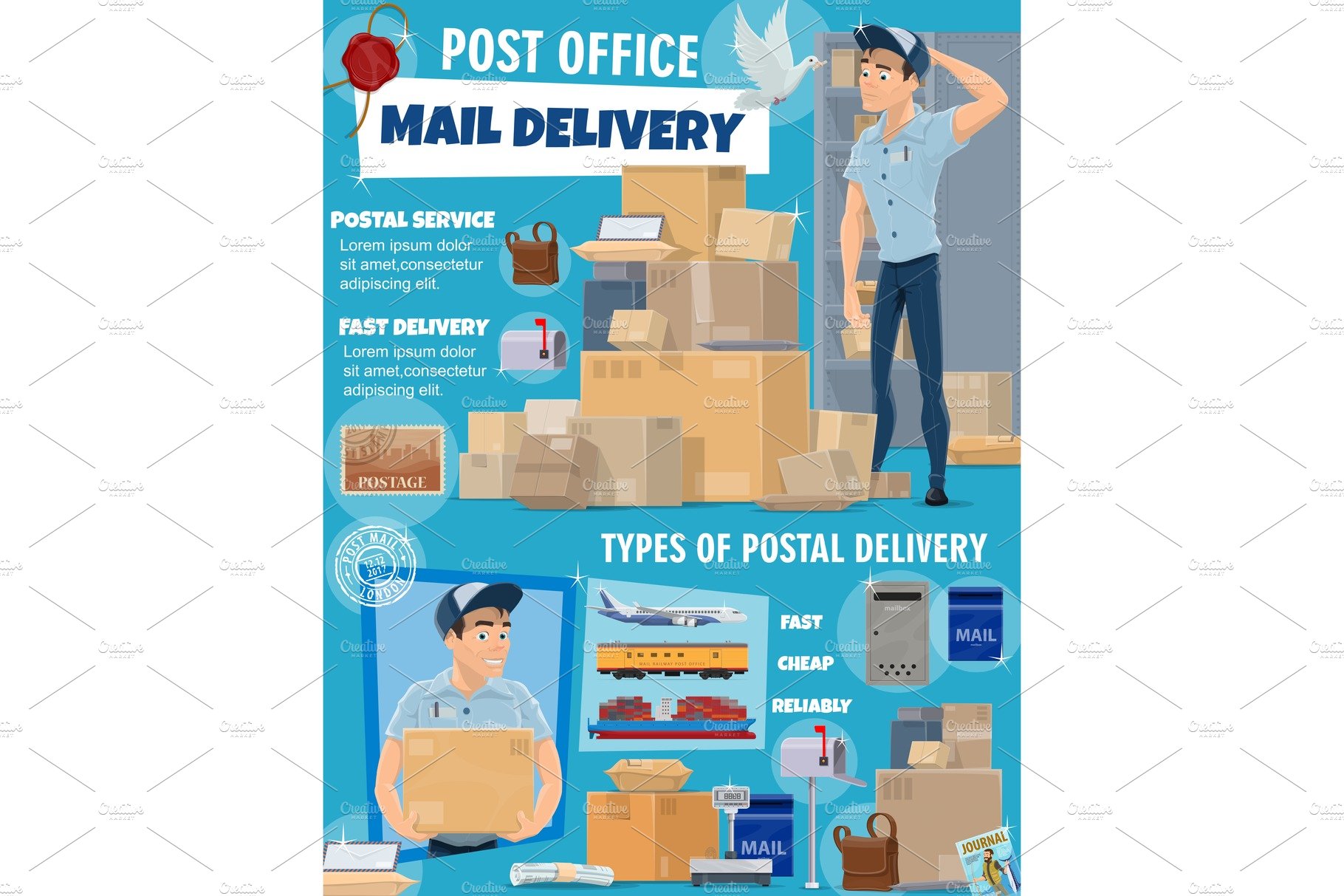 Mail service, postman, parcels cover image.