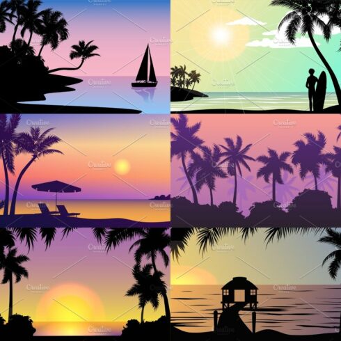Summer night time sunset vacation nature tropical palm trees silhouette bea... cover image.