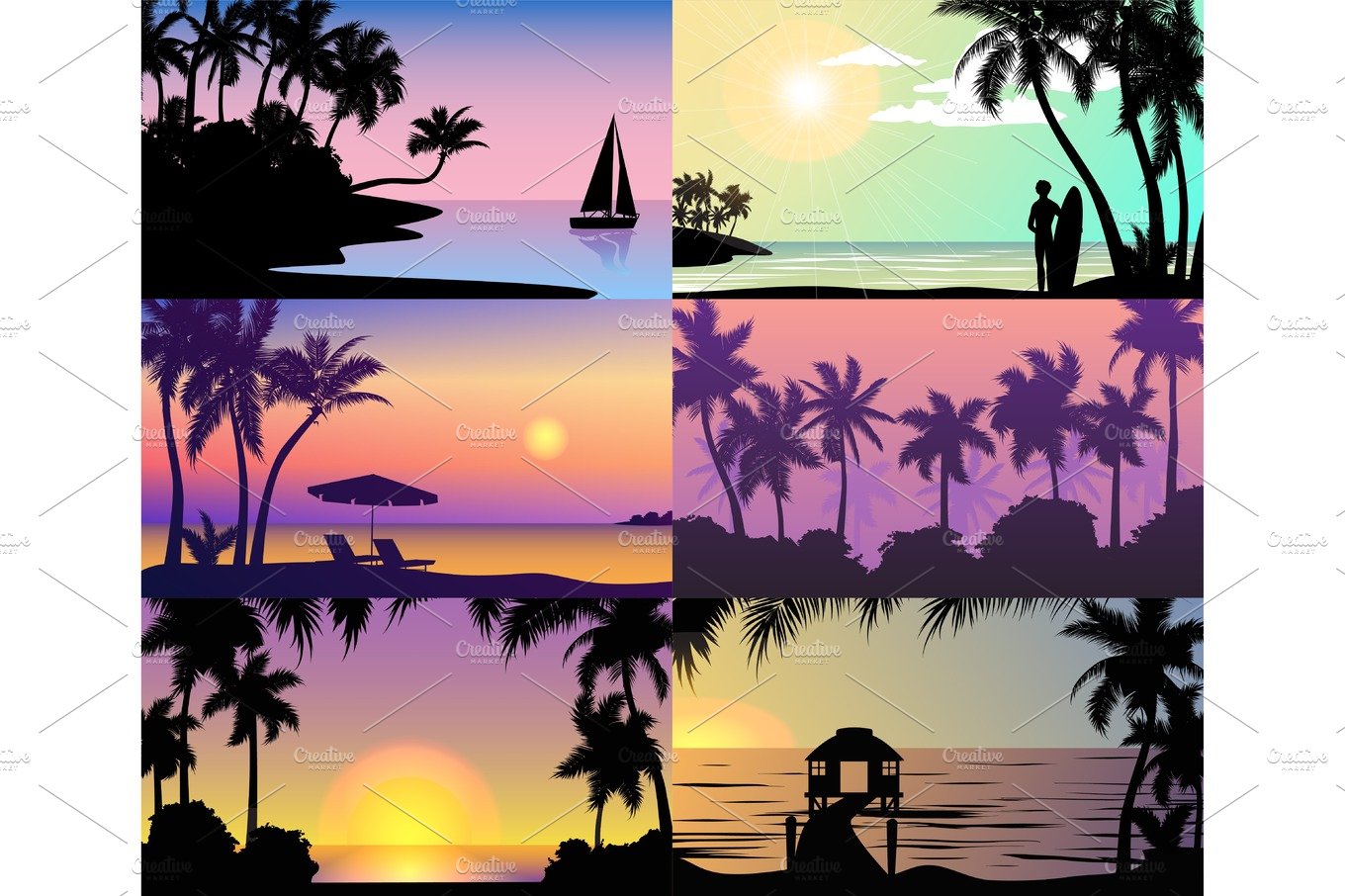 Summer night time sunset vacation nature tropical palm trees silhouette bea... cover image.