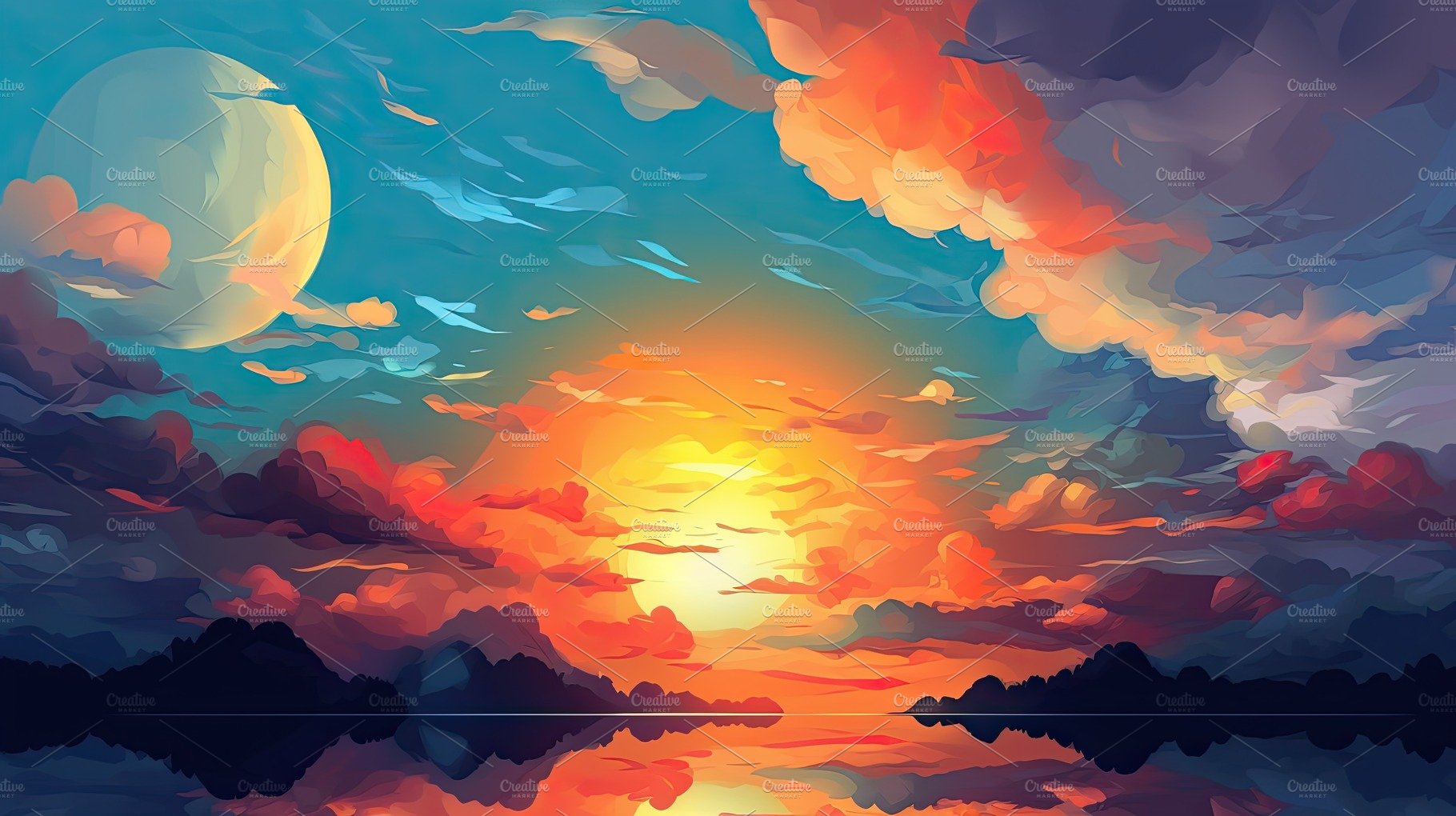 Illustrated sky with clouds, sun, stars, and sunrise or sunset. cover image.