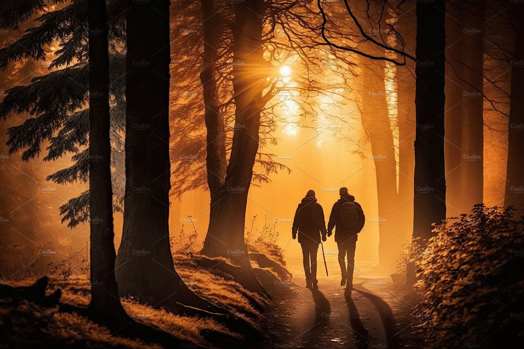 Hiking concept. Couple going walk among the forest in sunny rays, back view... preview image.