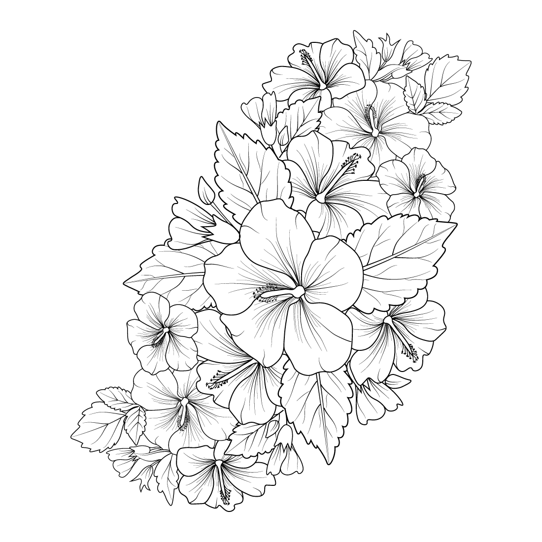 A beautiful monochrome black and white bouquet of hibiscus isolated on white Hand-drawn design greeting cards preview image.