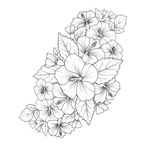 A beautiful monochrome black and white bouquet of hibiscus isolated on white Hand-drawn design greeting cards cover image.