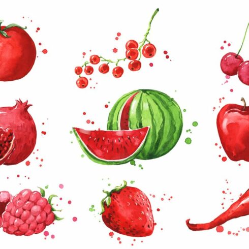 Set of red foods, watercolor cover image.