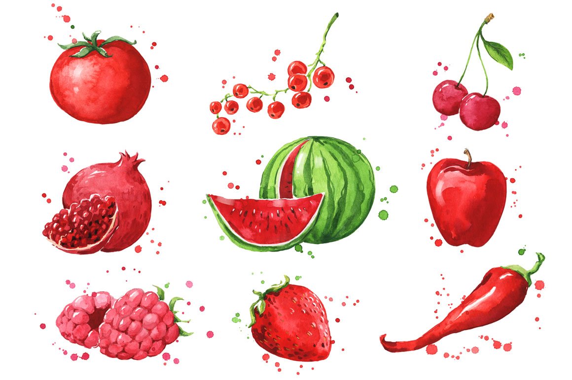 Set of red foods, watercolor cover image.