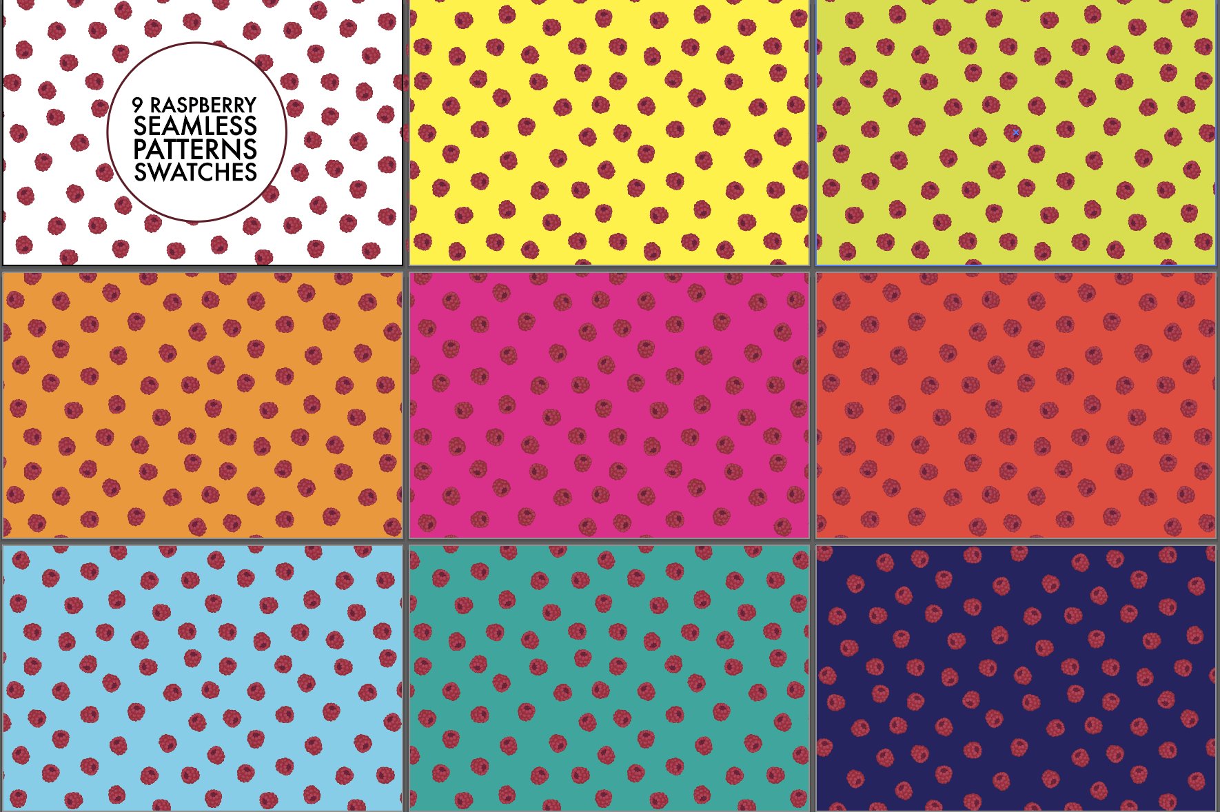 9 Raspberry seamless pattern swatche preview image.