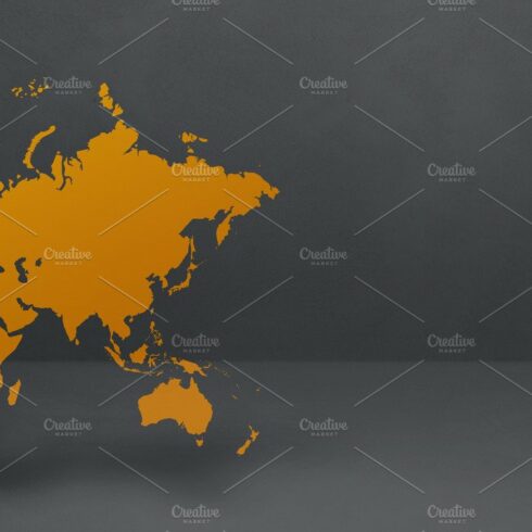 Yellow world map on black concrete wall background. 3D illustrat cover image.