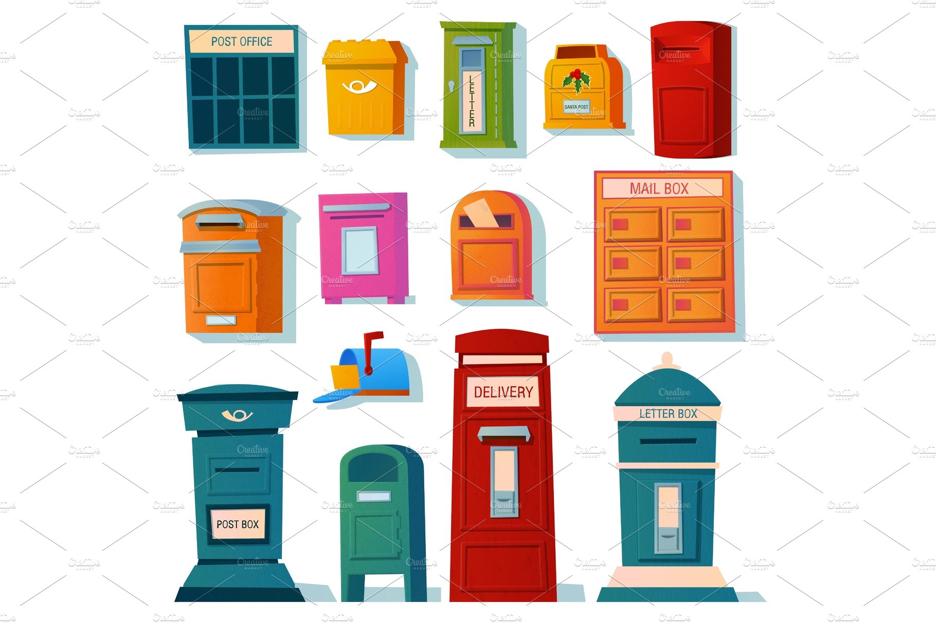 Vector set of mailboxes, letter boxes, pedestals for sending and receiving ... cover image.