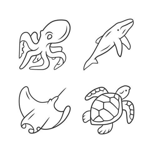 Underwater world linear icons set cover image.