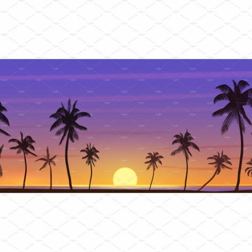 Tropical ocean sunset palm trees cover image.