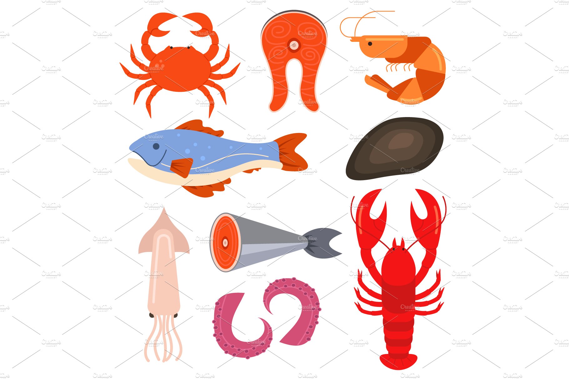 Row seafood isolated set cover image.