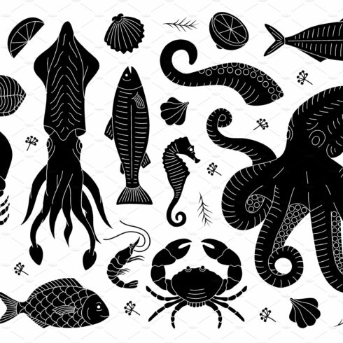 Seafood sketch set. Underwater cover image.