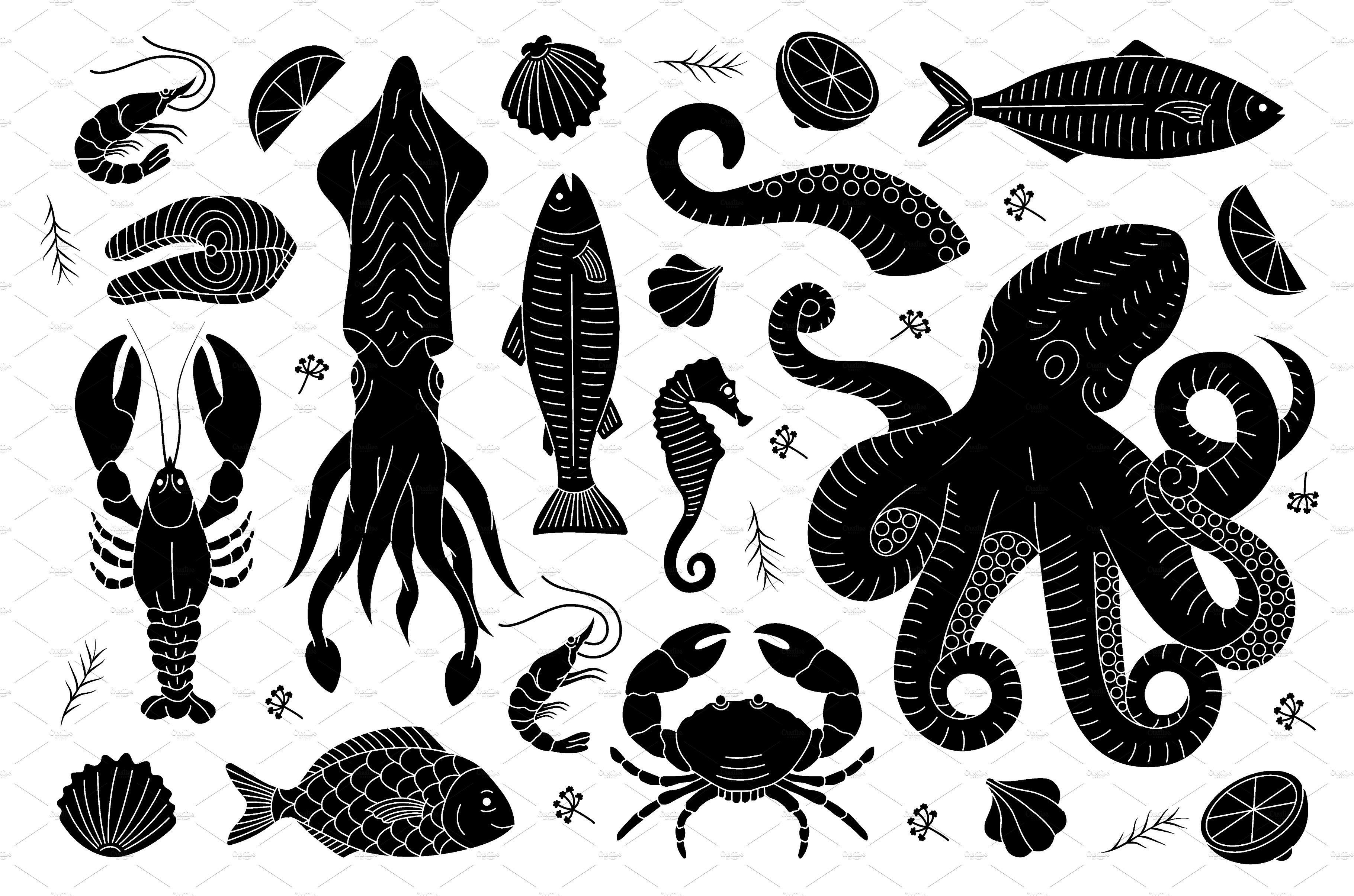 Seafood sketch set. Underwater cover image.