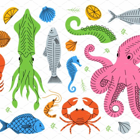 Set of seafood sketch. Sea animal cover image.