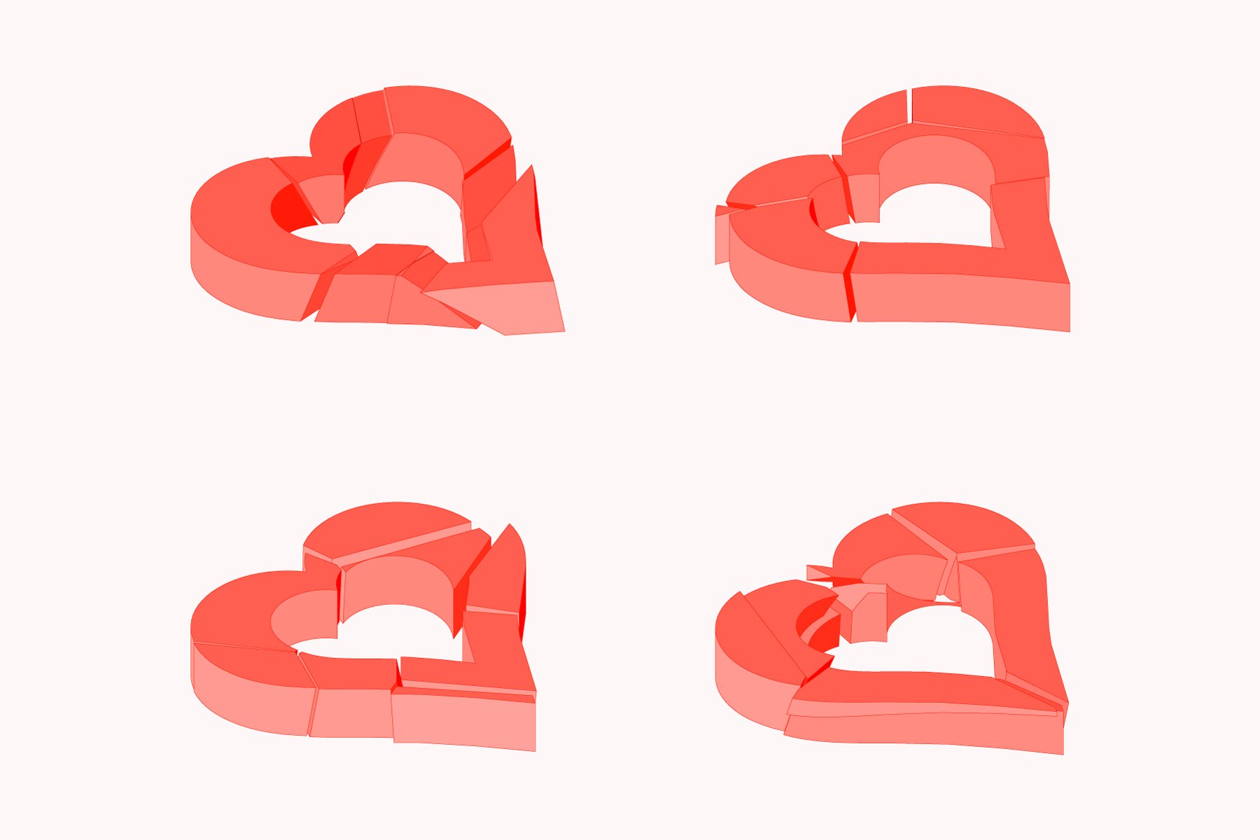 Set of red broken isometric hearts preview image.