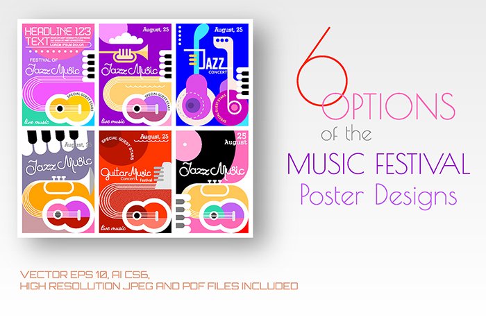 6 Music Festival poster designs cover image.