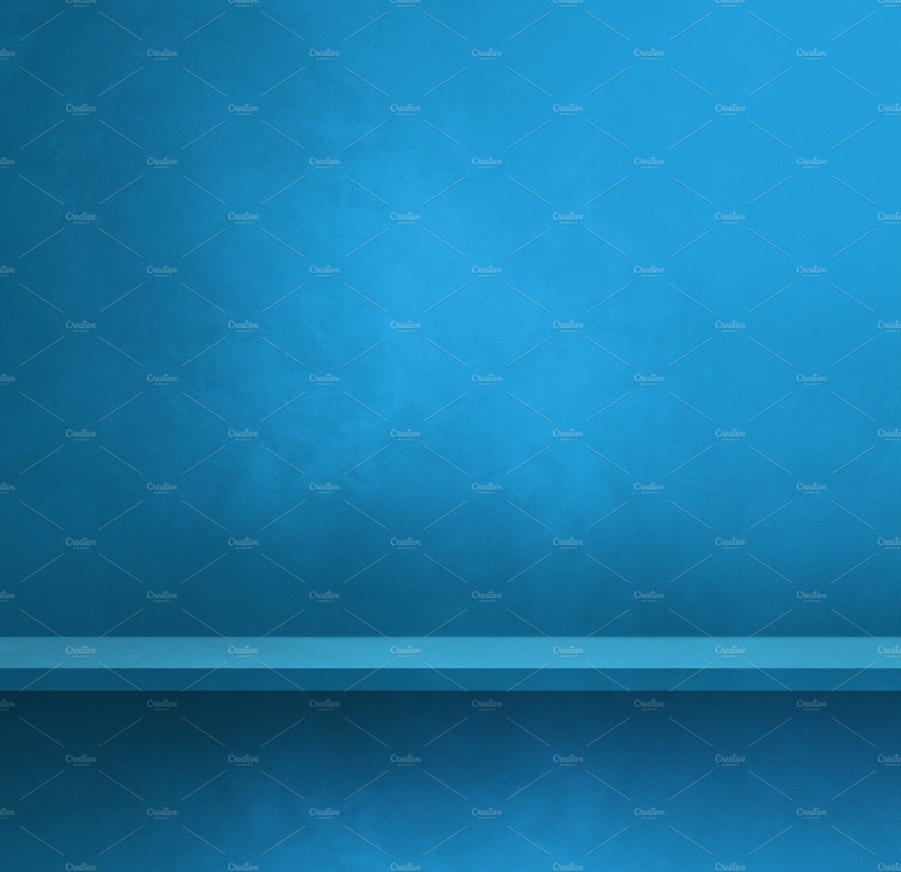 Empty shelf on a blue wall. Background template. Square banner cover image.