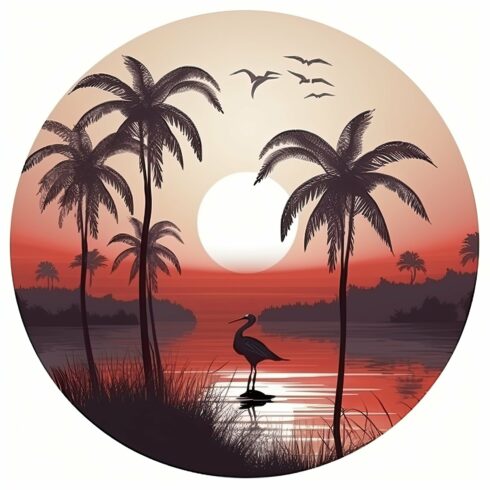Orange sunset landscape in a circle. Evening on the beach with palm trees. ... cover image.