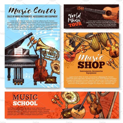 Vector sketch musical instruments shop posters cover image.