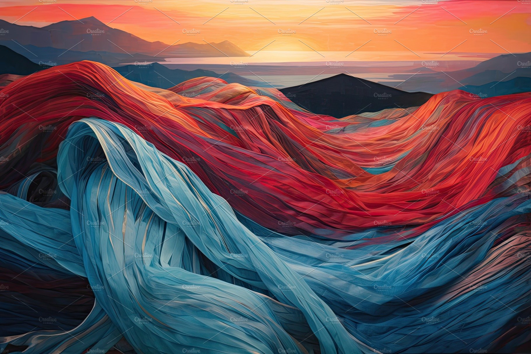 Colorful cloth weaved abstract painting over a sunset background cover image.