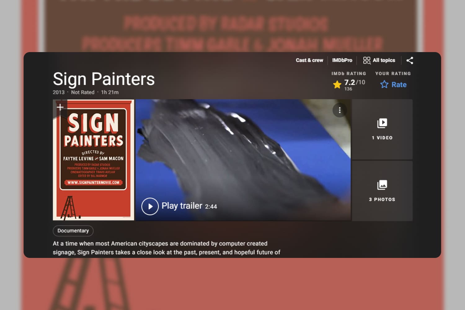 Screenshot of Sign Painters on IMDB website.
