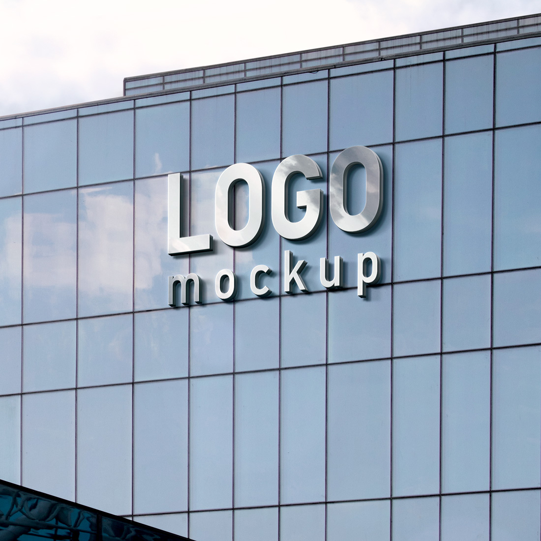 Silver 3d glass building logo Mockup PSD preview image.