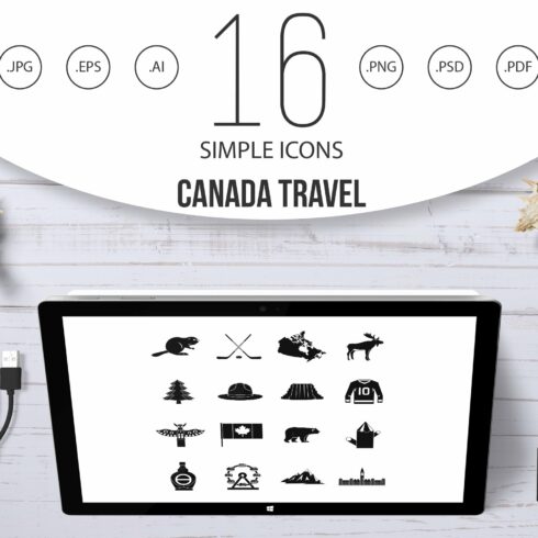 Canada travel icons set, simple cover image.