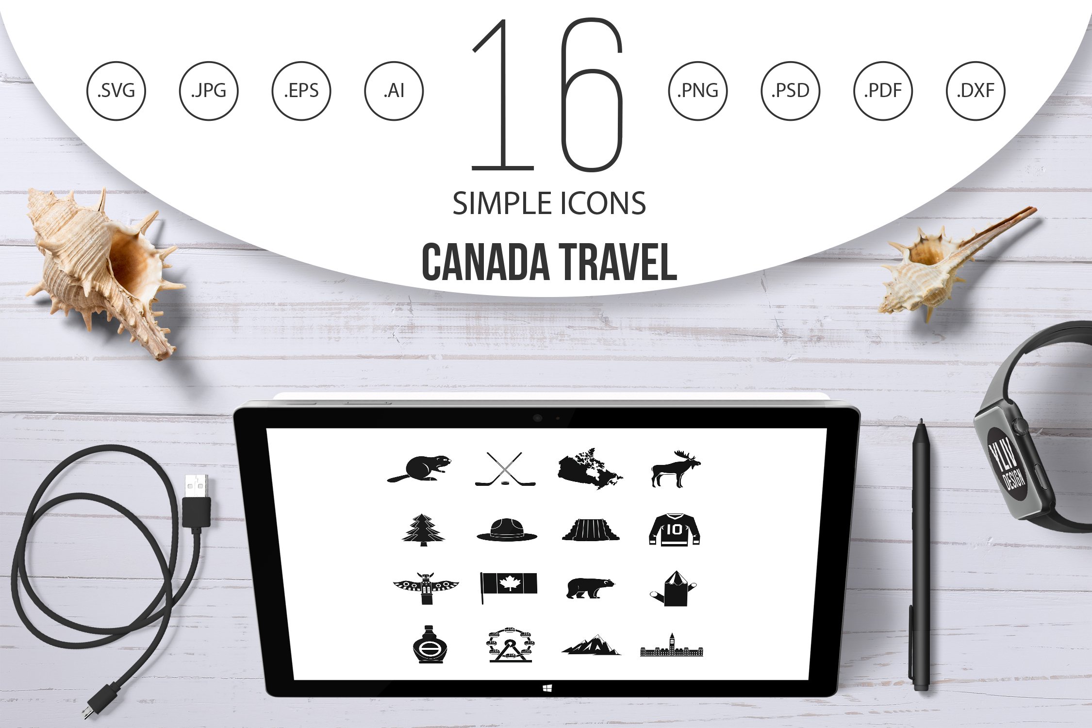 Canada travel icons set, simple cover image.