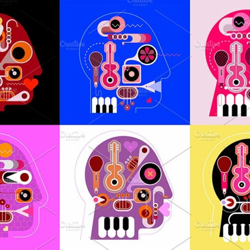 Six Musical Heads art collages cover image.