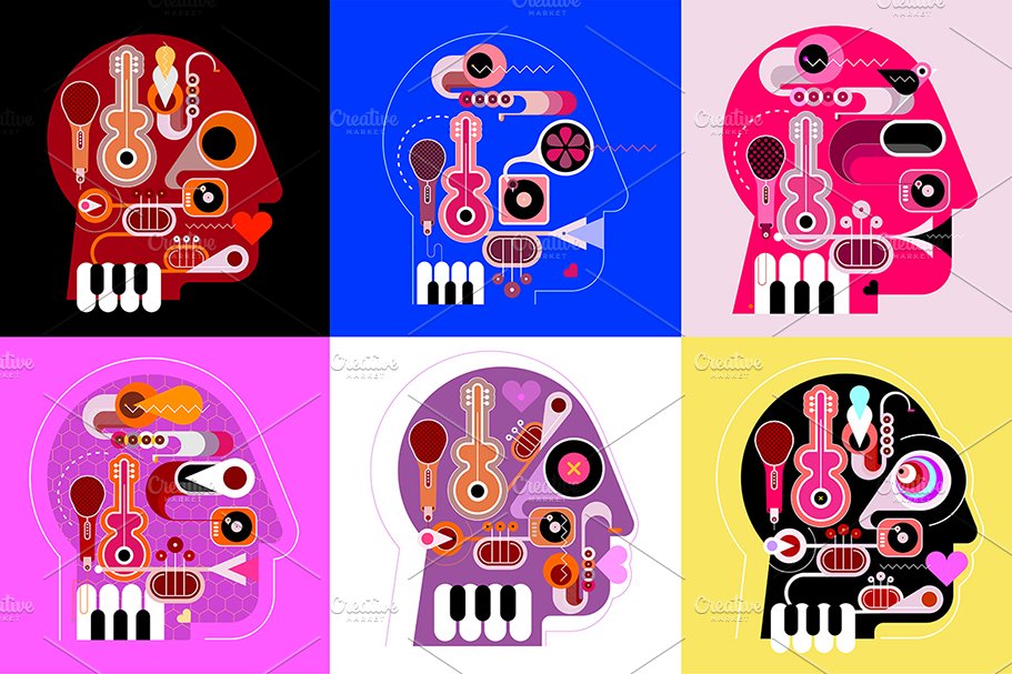 Six Musical Heads art collages cover image.