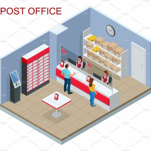 Isometric Post Office concept. Young man and woman waiting for a parcel in ... cover image.