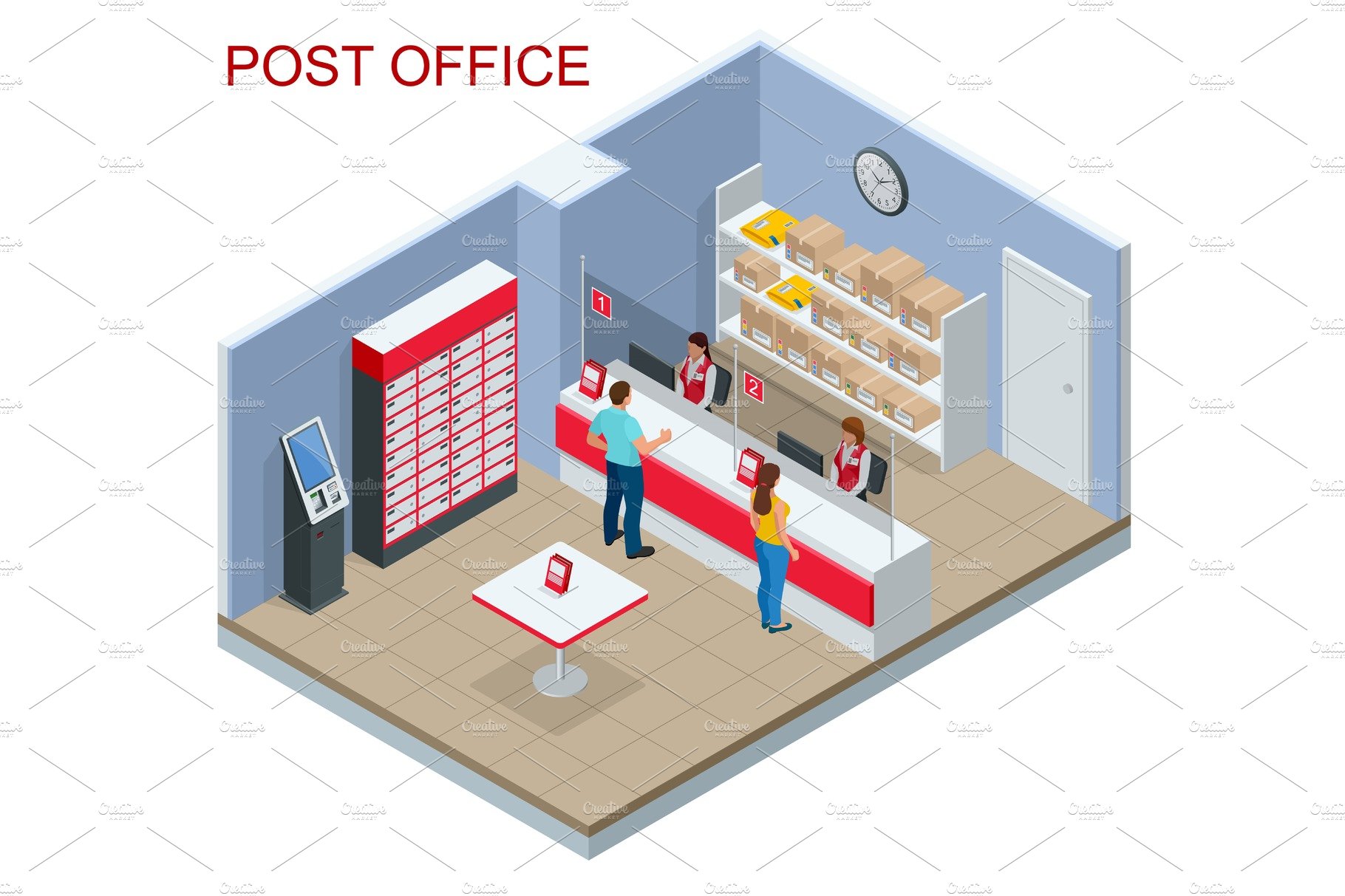 Isometric Post Office concept. Young man and woman waiting for a parcel in ... cover image.