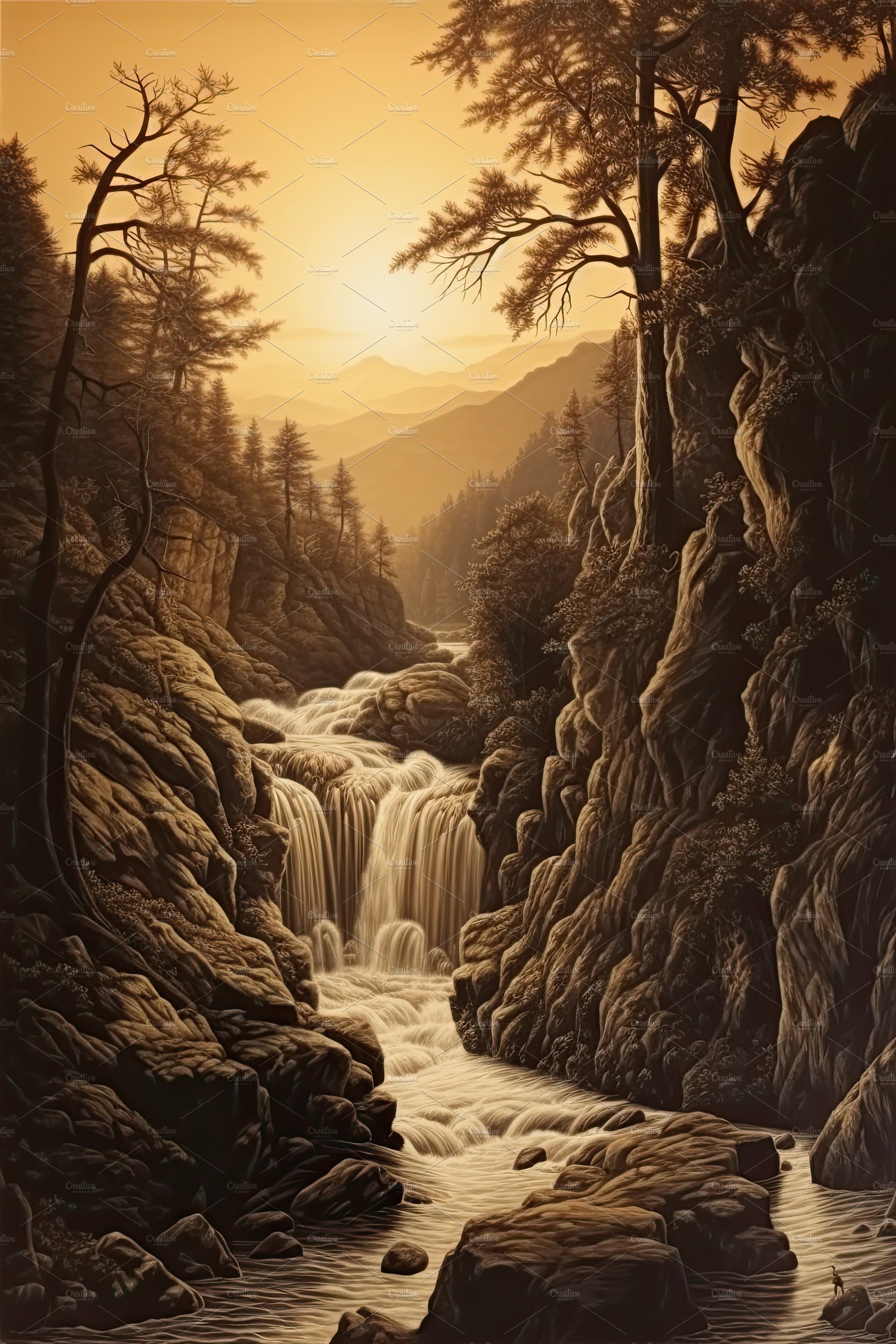 Beautiful vertical landscape with tall mountains, waterfall and a river. Ge... cover image.