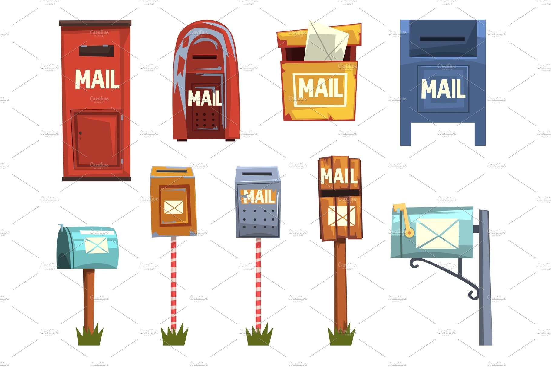 Mail boxes set, vintage postbox cartoon vector Illustrations cover image.